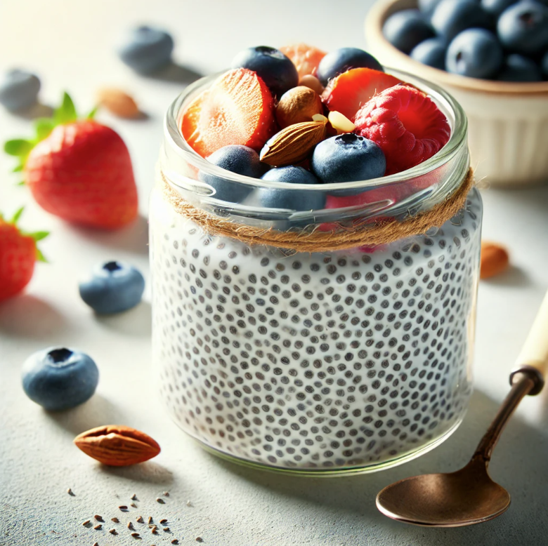 Overnight Chia Pudding with Berries A jar of overnight chia pudding topped with fresh berries and nuts, ready to enjoy for breakfast.