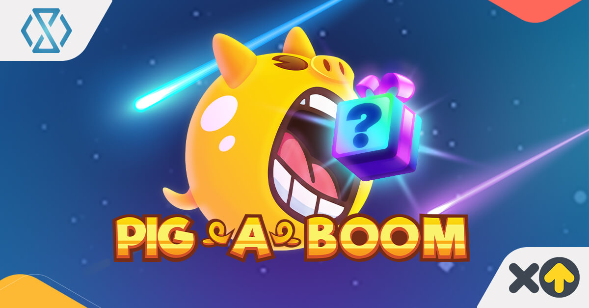 Pigaboom crash game banner with cartoon pig character and flying coins
