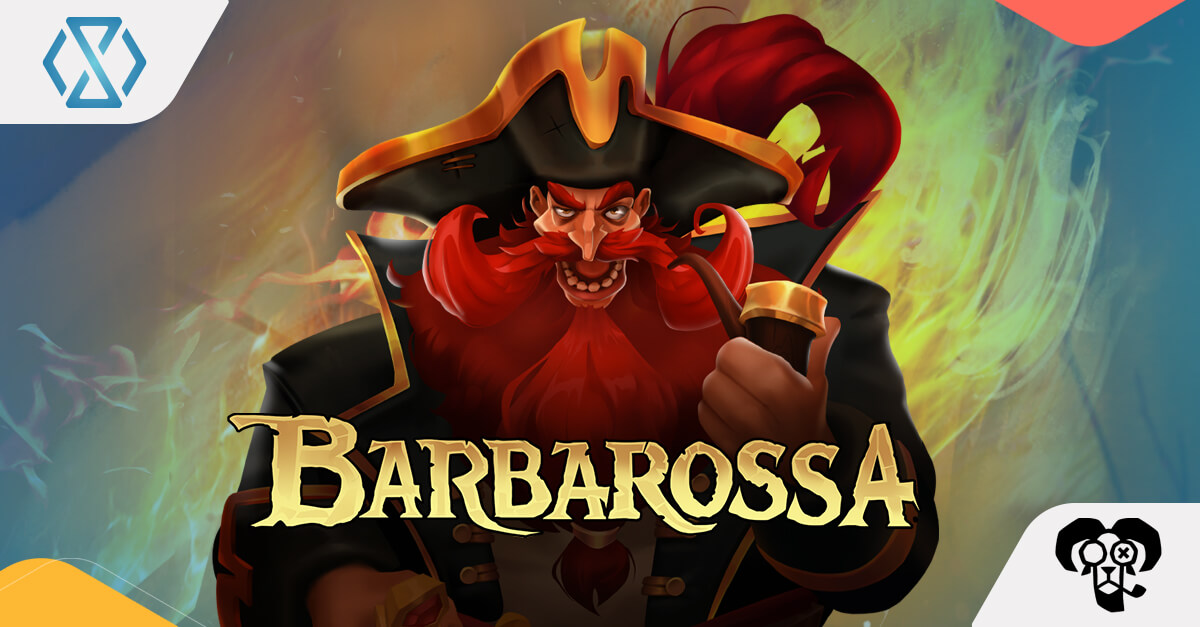  A stylized, hand-drawn pirate ship deck featuring Captain Barbarossa and a massive cannon against a fiery nautical sunset.