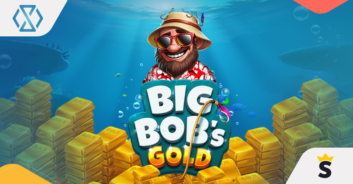 A vibrant 3x5 game grid set against a Hawaiian tropical ocean, featuring gold bars, fish scatters, and the Big Bob character in a high-volatility slot setting.