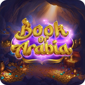 Logo artwork for the slot game Book of Arabia, featuring ornate golden lettering glowing against a treasure-filled cave with coins, chests, and mystical light rays, reflecting Wicked Games’ high-volatility take on the classic “Book” mechanic.