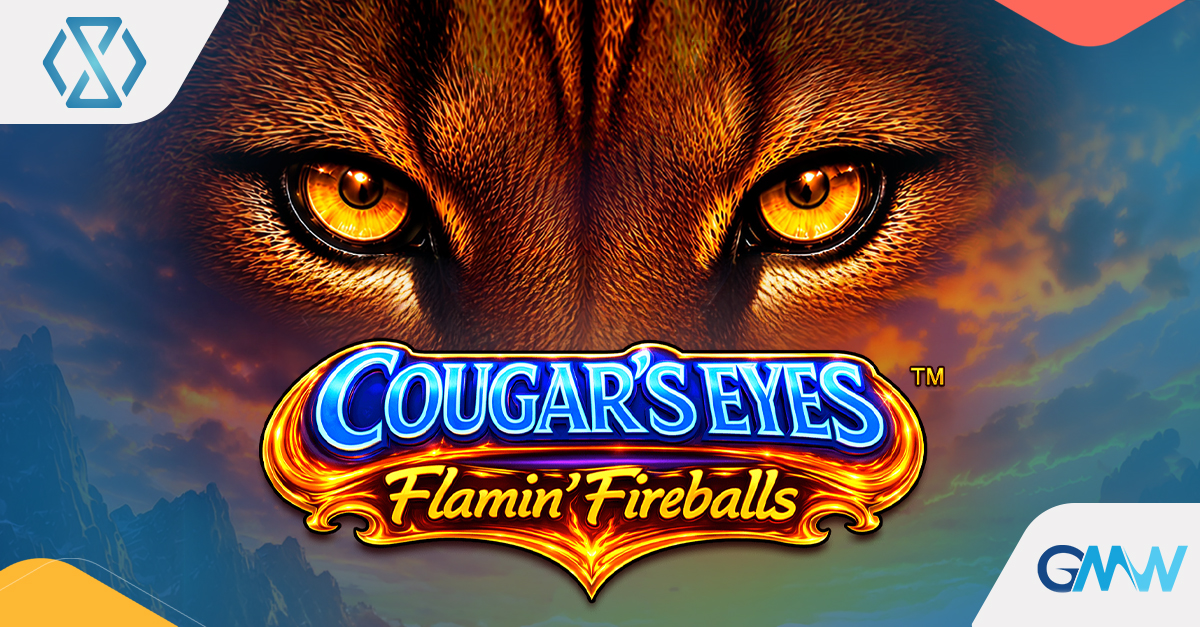 The glowing eyes of a cougar set against a North American wilderness backdrop, featuring blazing fireball casino symbols on a 5x4 slot grid matrix.