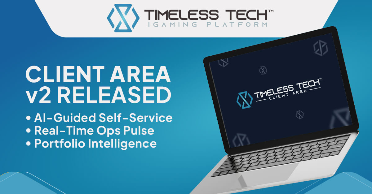 Banner promocional do Timeless Tech Client Area v2 que mostra a tela de um laptop e destaques de funcionalidades como autosserviço guiado por IA, pulso operacional em tempo real e inteligência de portfólio, refletindo um espaço de trabalho conectado para operações de iGaming e coordenação entre equipes.