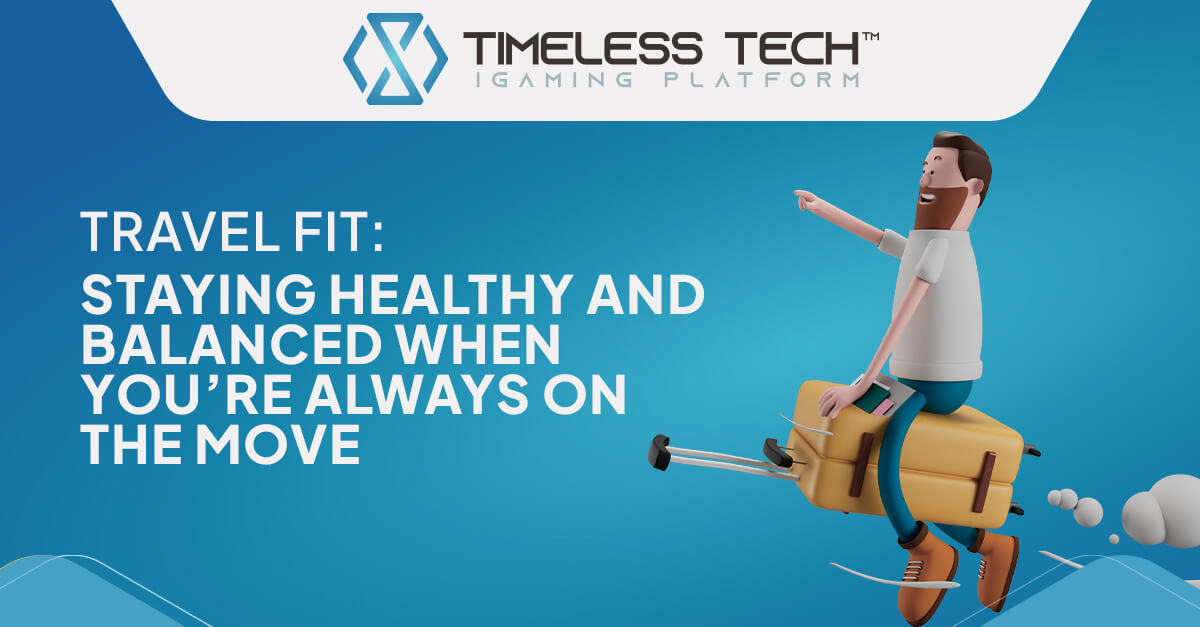 A business traveler walking through the airport with a suitcase and a water bottle, looking relaxed and confident, symbolizing balance and well-being while traveling for work.