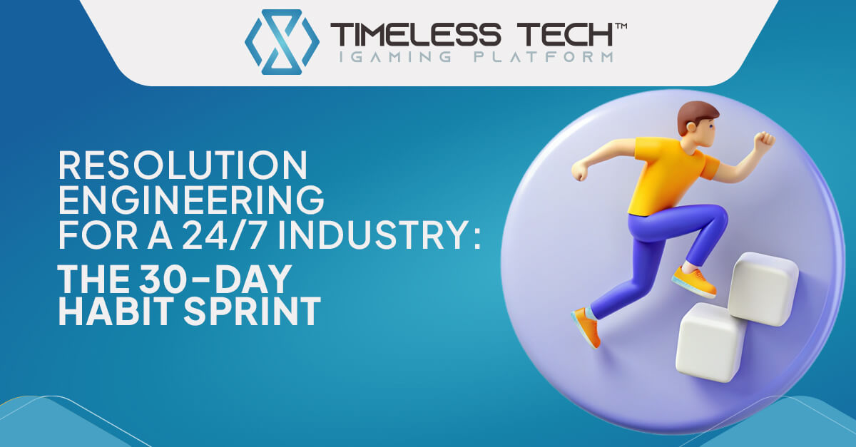 Illustration of a person climbing steps, symbolizing the 30-day habit sprint and resolution engineering for a 24/7 iGaming industry, branded by Timeless Tech.