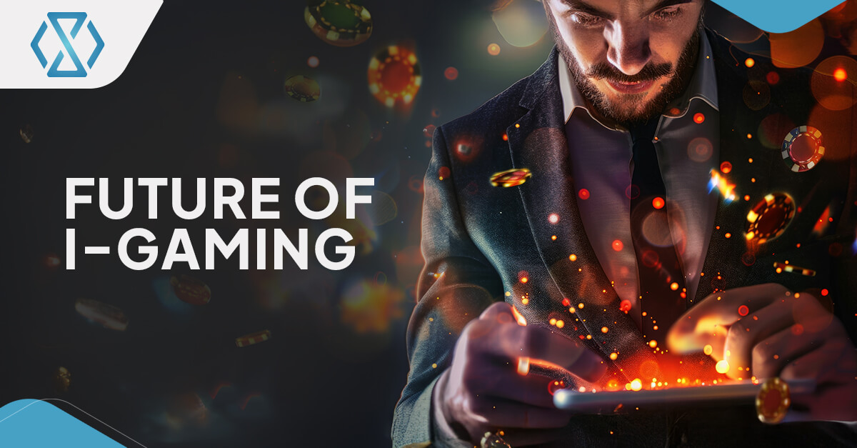 A futuristic virtual casino environment showcasing immersive gaming technologies like blockchain, VR, and AI.