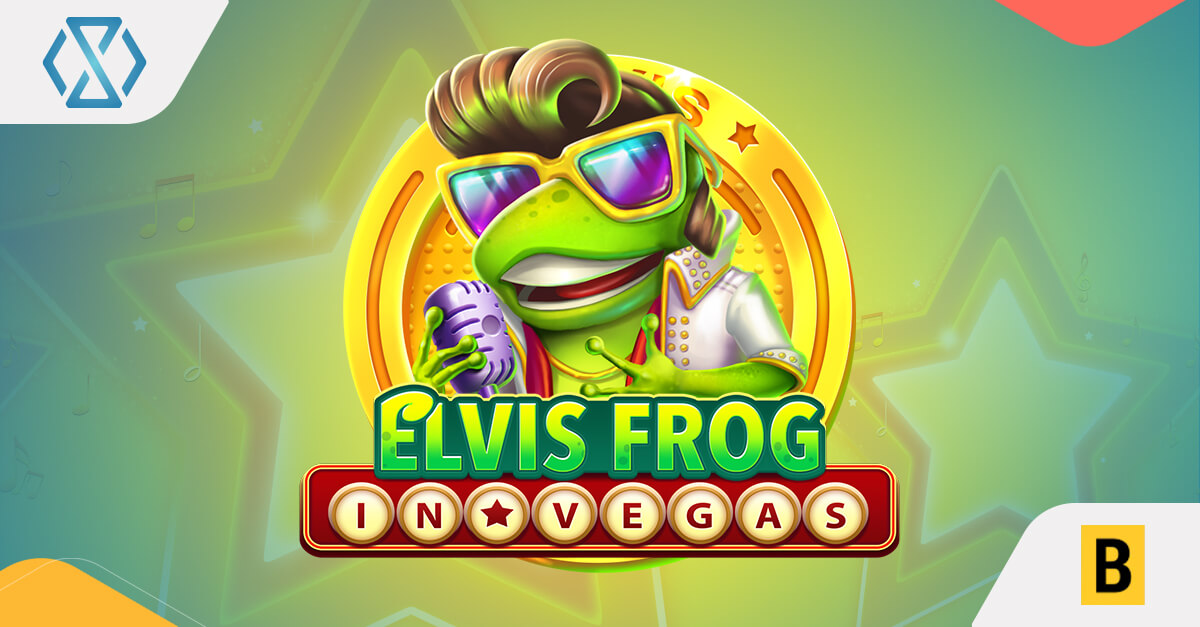 Banner colorido del juego tragamonedas Elvis Frog in Vegas con luces de neón y rana caricaturesca vestida como Elvis