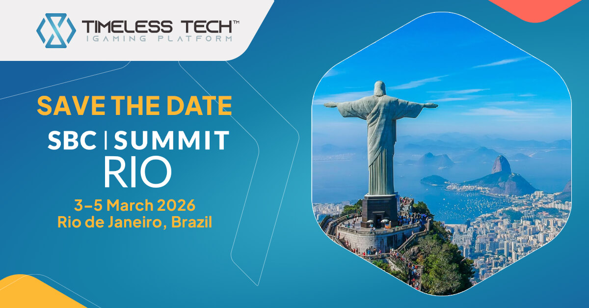 Save the Date banner for Timeless Tech attending SBC Summit Rio 2026, featuring Christ the Redeemer overlooking Rio de Janeiro, Brazil, with event dates 3–5 March 2026.