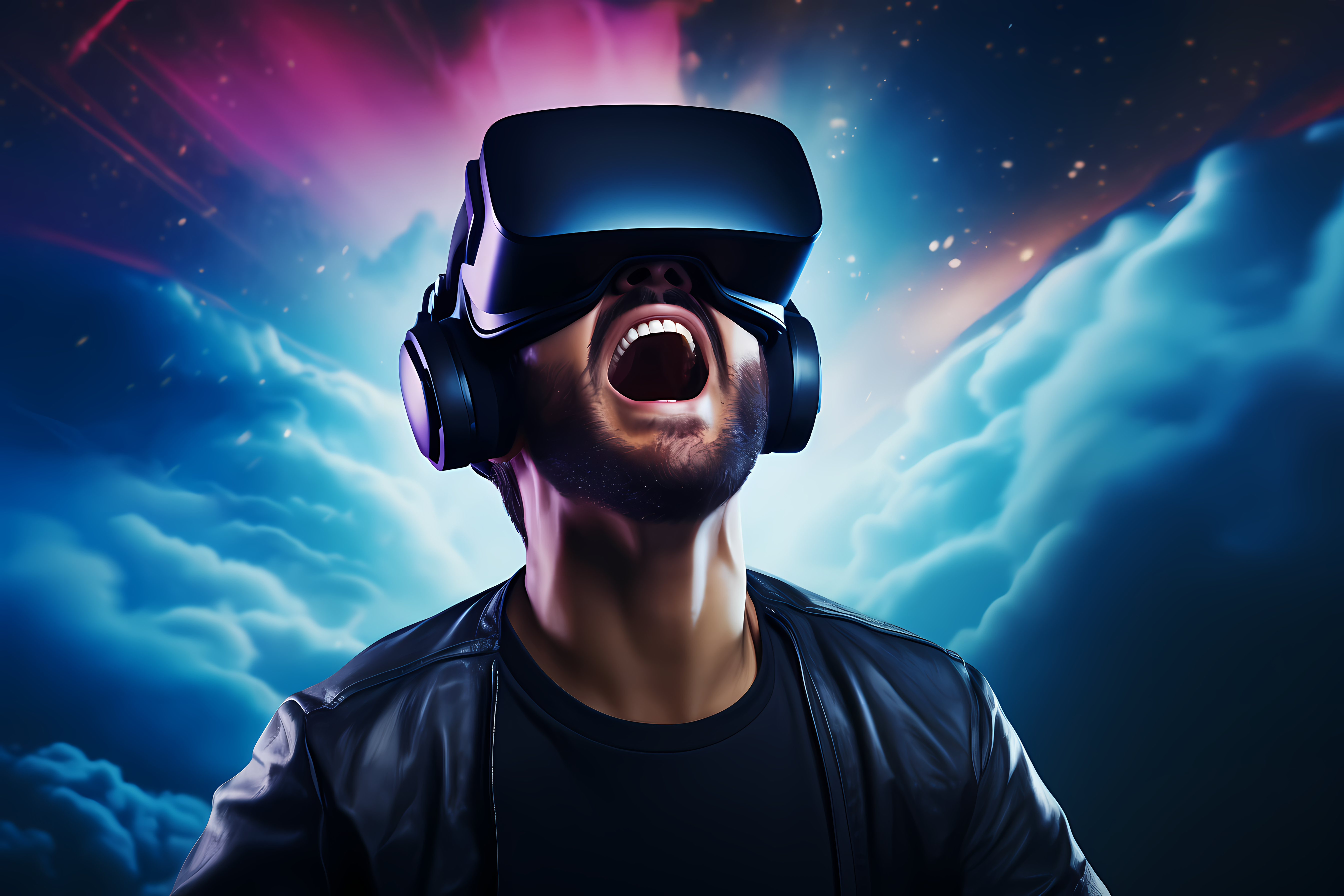 Immersive VR Experience in iGaming Man wearing VR glasses immersed in a virtual gaming environment, representing Land Vegas's cutting-edge technology.