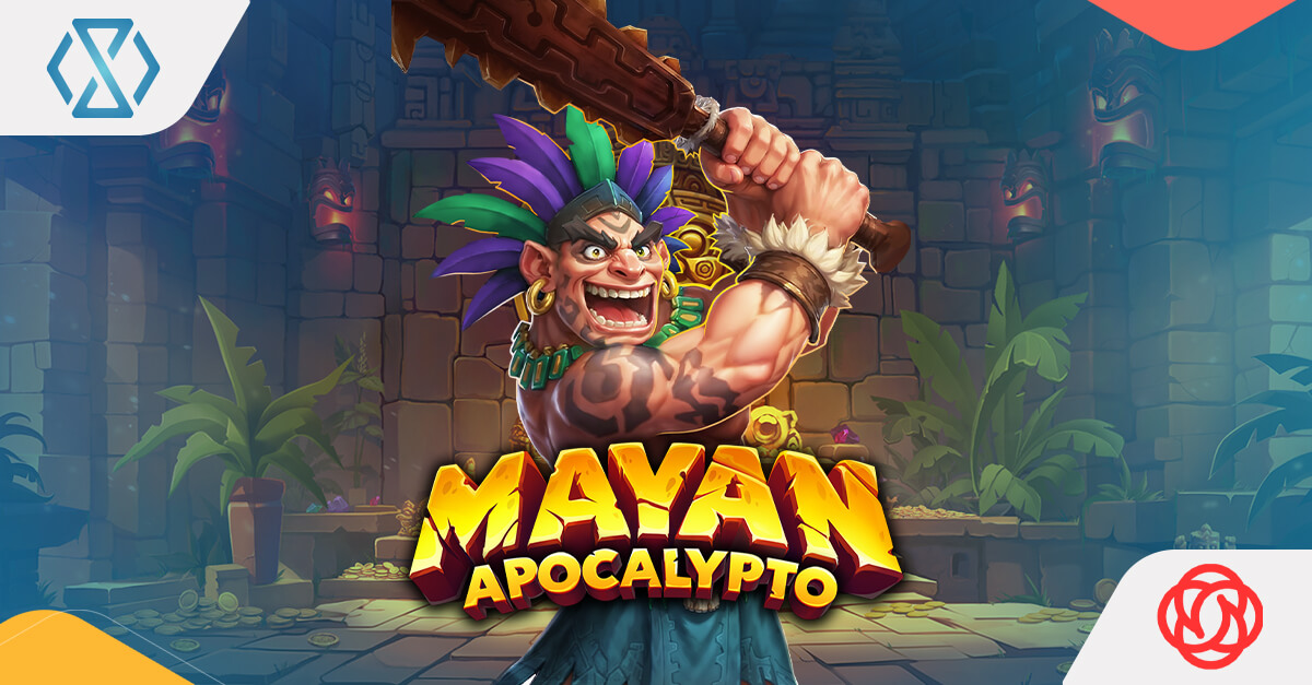 A vibrant, high-fidelity slot grid set against a Mayan temple backdrop, featuring glowing sun disks, jade artifacts, and volcanic orange accents.