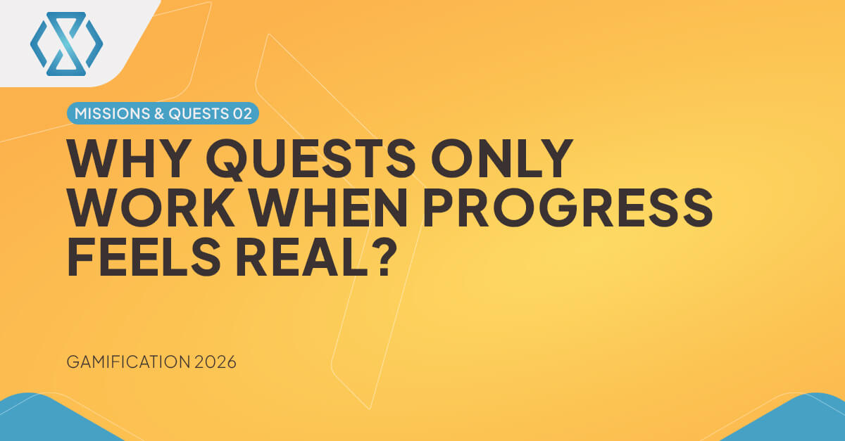 Yellow Timeless Tech gamification banner for the article “Why Quests Only Work When Progress Feels Real?”, highlighting Missions & Quests 02 and the role of meaningful progression in iGaming gamification.