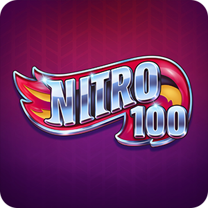 Logo of the slot game Nitro 100 featuring a chrome-style title with a flaming tail design on a purple gradient background, representing Wicked Games’ fast-paced, high-volatility gameplay.