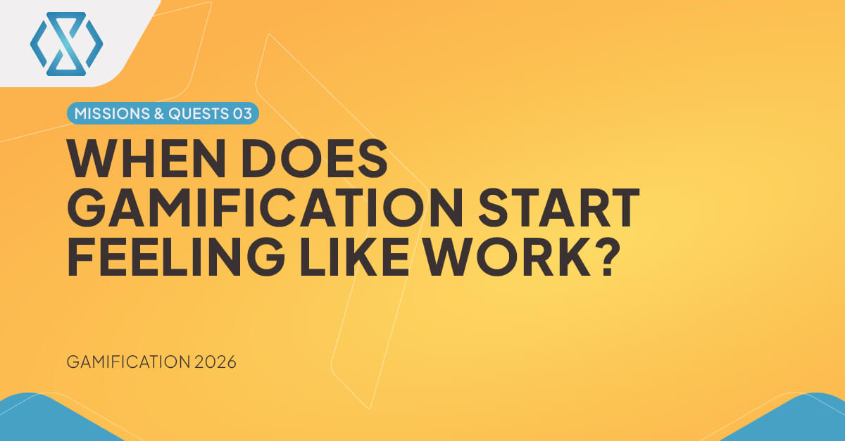 Banner for an iGaming gamification article titled "When Does Gamification Start Feeling Like Work?" exploring mission systems, quests, player motivation, cognitive load, progression mechanics, and gamification overload in online casinos.