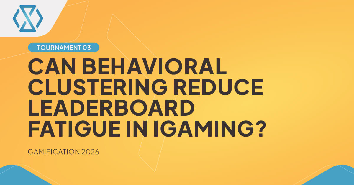 Yellow and blue Timeless Tech gamification banner titled “Can Behavioral Clustering Reduce Leaderboard Fatigue in iGaming?”, introducing Tournament 03 in the Gamification 2026 article series.