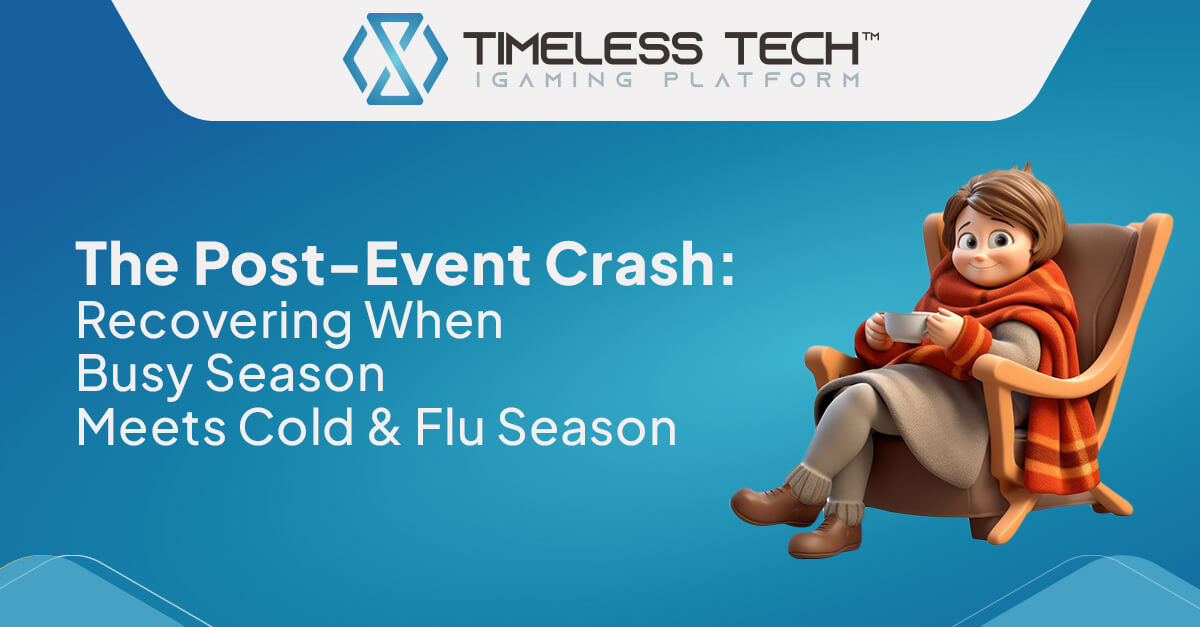 Timeless Tech illustration of a person resting in an armchair with a warm drink, highlighting post-event fatigue, recovery and wellbeing during cold and flu season in the iGaming industry.