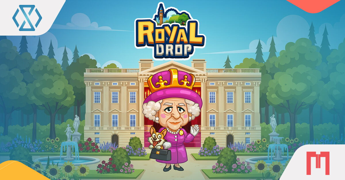 Promotional artwork for Royal Drop by Tequity showing Queen Lizzie standing before a royal palace with the Burst Game logo, illustrating the game’s branded physics-based drop mechanic and whimsical royal theme.