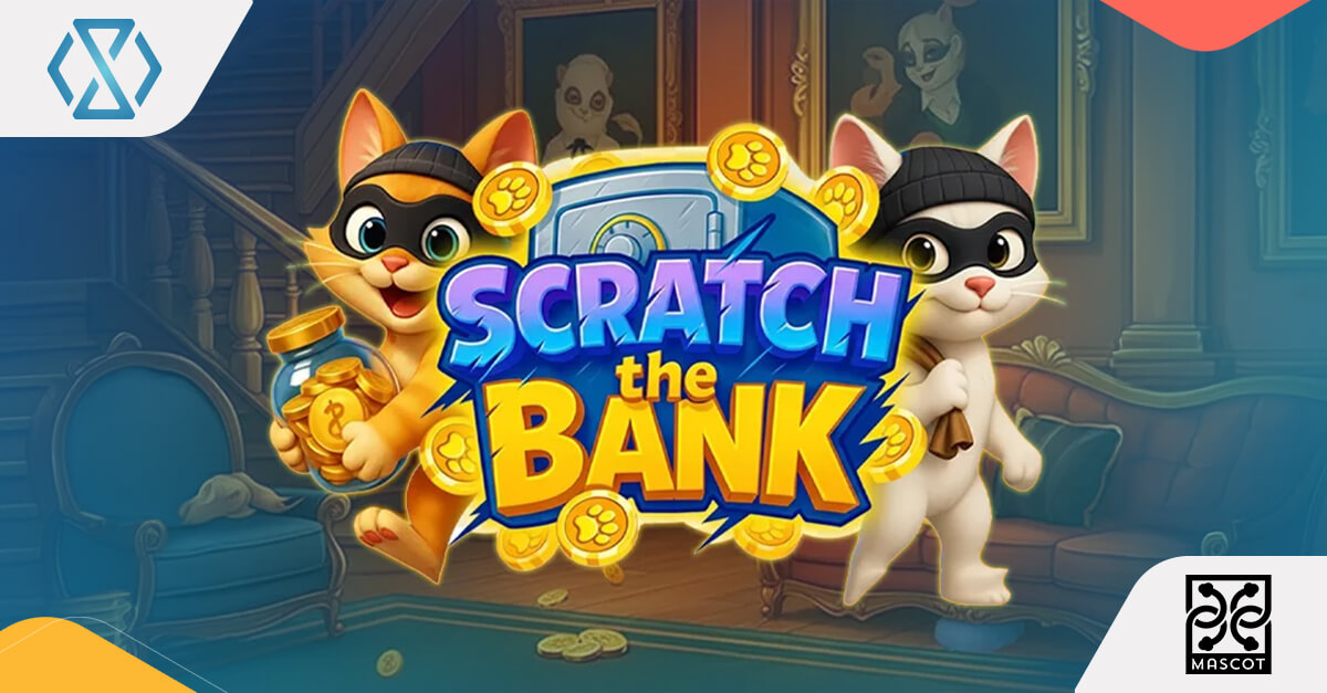 Scratch the Bank instant win game by Mascot Gaming featuring cartoon cat characters and a vault filled with coins