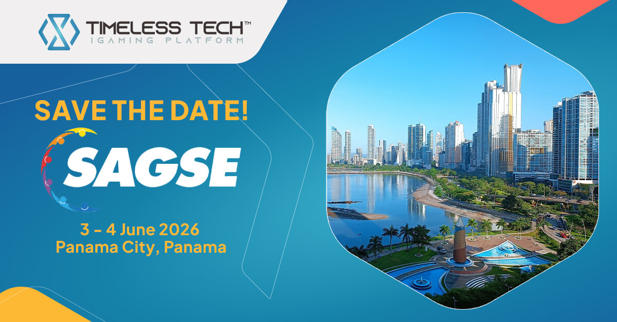 Timeless Tech Save the Date banner for SAGSE Panama 2026, featuring the SAGSE logo and a skyline view of Panama City, Panama, with event dates 3 to 4 June 2026