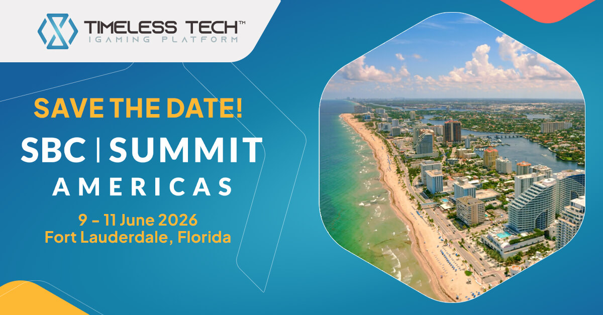 Banner Save the Date de Timeless Tech para SBC Summit Americas 2026, con el logotipo de SBC Summit Americas y una vista aérea de la costa de Fort Lauderdale, Florida, con las fechas del evento del 9 al 11 de junio de 2026