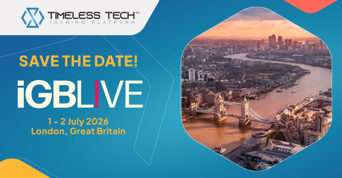 Banner “save the date” de Timeless Tech para iGB L!VE London 2026, con las fechas del evento, 1 y 2 de julio, la ubicación en Londres y una vista de la ciudad con el Tower Bridge.