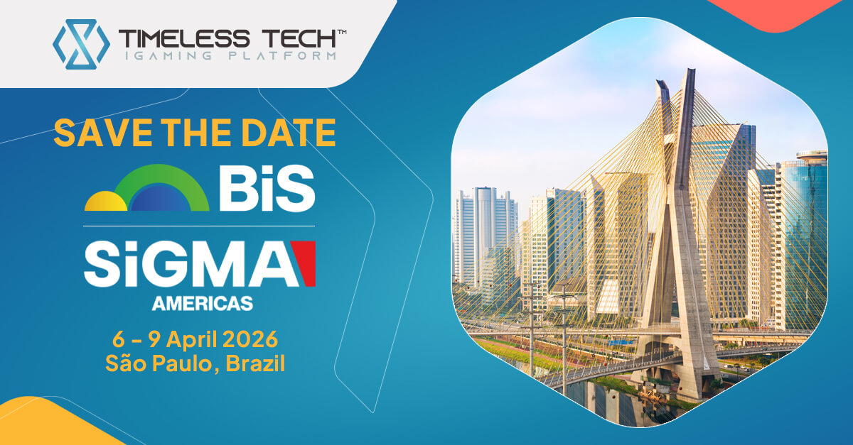 Banner que anuncia la participación de Timeless Tech en BiS SiGMA Americas 2026, con el skyline de São Paulo y las fechas del evento del 6 al 9 de abril de 2026.