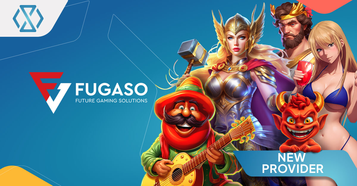 Promotional banner announcing FUGASO joining the Timeless Tech Game Aggregator, featuring colorful slot-style characters including a fantasy warrior, meme-inspired devil mascot, musician character, and casino-themed visuals with the “New Provider” label.