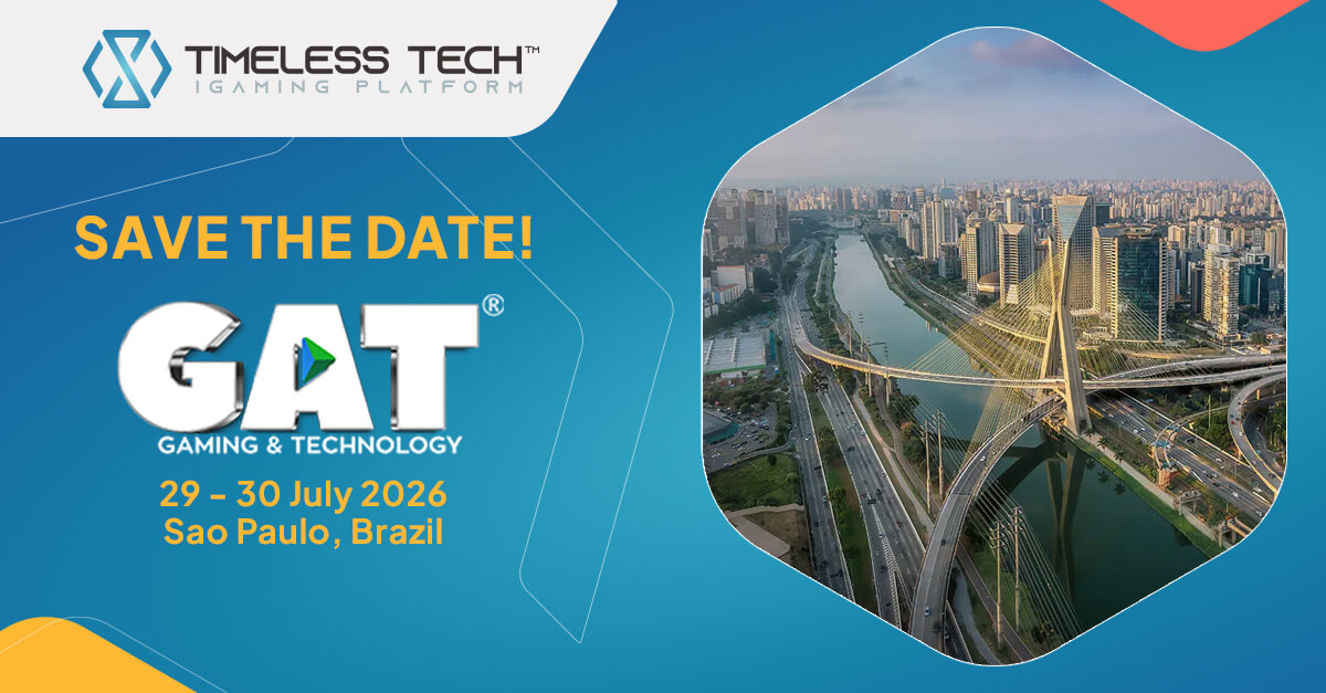 Timeless Tech internal banner announcing attendance at GAT Expo São Paulo 2026, connecting operators with iGaming aggregation, BetExchange, and engagement solutions for Brazil.