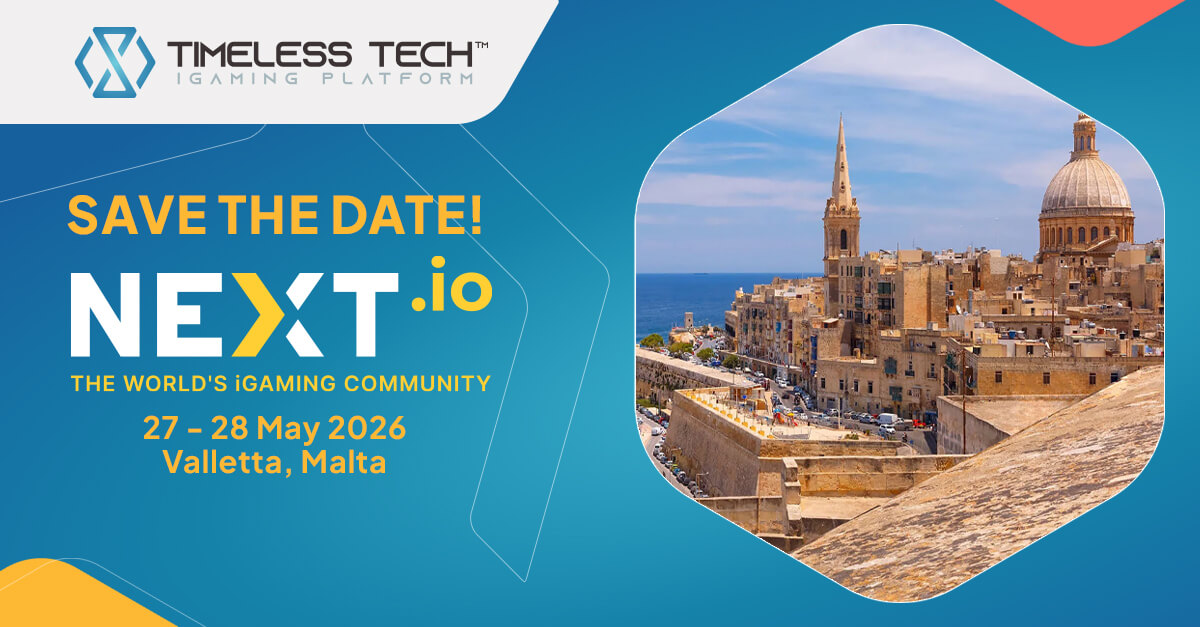 Banner pop-up anunciando a participação da Timeless Tech no NEXT Summit Valletta 2026 em Malta.