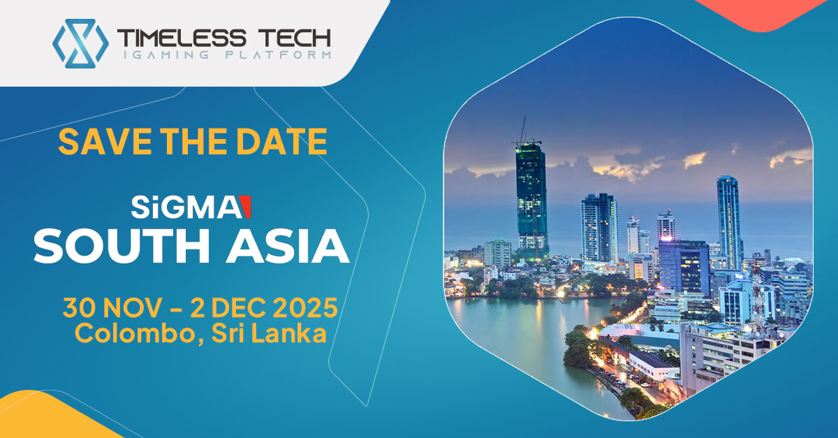 A blue Timeless Tech “Save the Date” banner for SiGMA South Asia 2025, featuring the Colombo skyline at sunset and event dates (30 Nov – 2 Dec 2025).