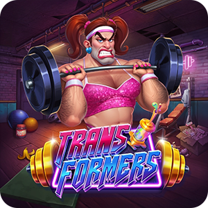Artwork for the slot game Transformers featuring a stylized, muscular cartoon character lifting a heavy barbell in a chaotic gym setting, with neon-pink typography and workout-themed elements that highlight Wicked Games’ humorous high-volatility design.