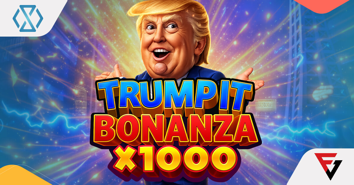 A vibrant 6x5 slot grid featuring a lighthearted caricature of the 45th US President surrounded by golden multiplier badges and cascading symbols.